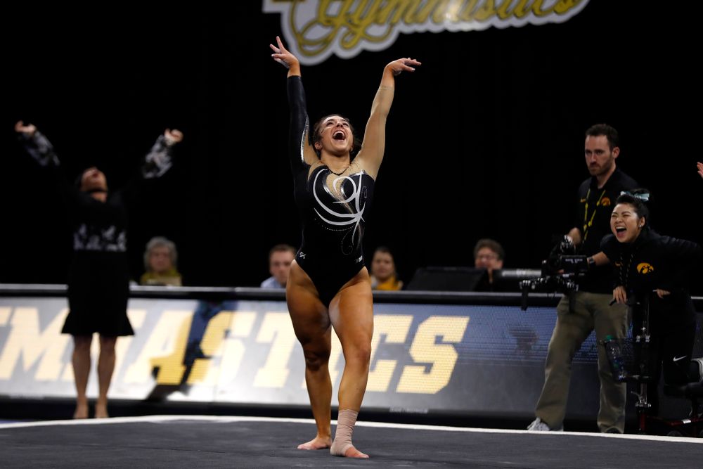 Iowa's Nikki Youd competes on the floor against the Nebraska Cornhuskers 