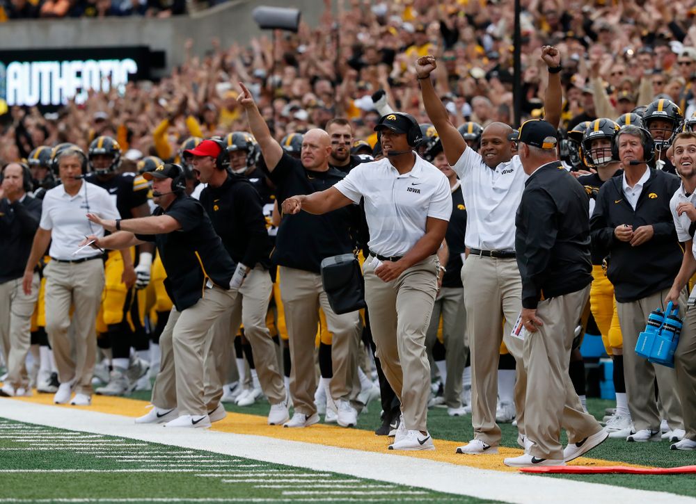 Iowa Hawkeyes special teams coordinator celebrates a poor punt by the Iowa State Cyclones Saturday, September 8, 2018 at Kinnick Stadium. (Brian Ray/hawkeyesports.com)