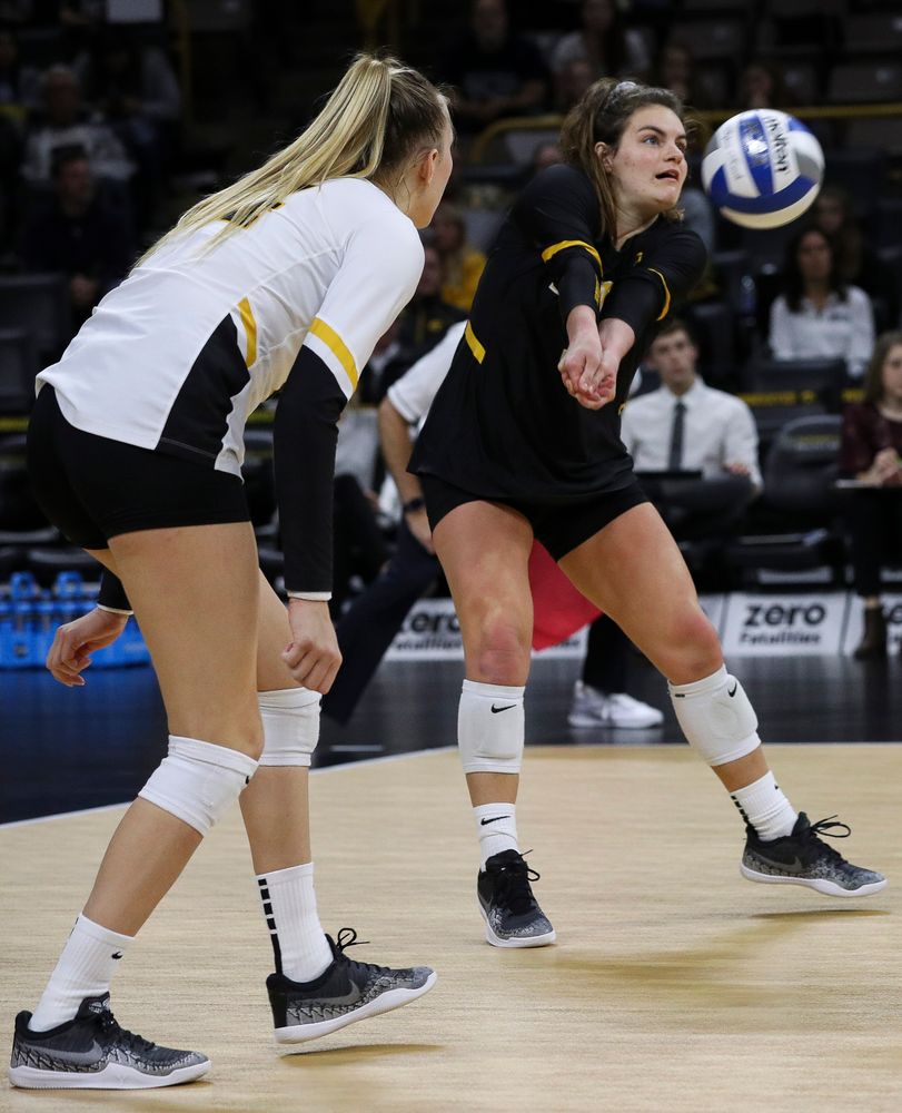 Iowa Hawkeyes defensive specialist Molly Kelly (1) bumps the ball during a match against Penn State at Carver-Hawkeye Arena on November 3, 2018. (Tork Mason/hawkeyesports.com)