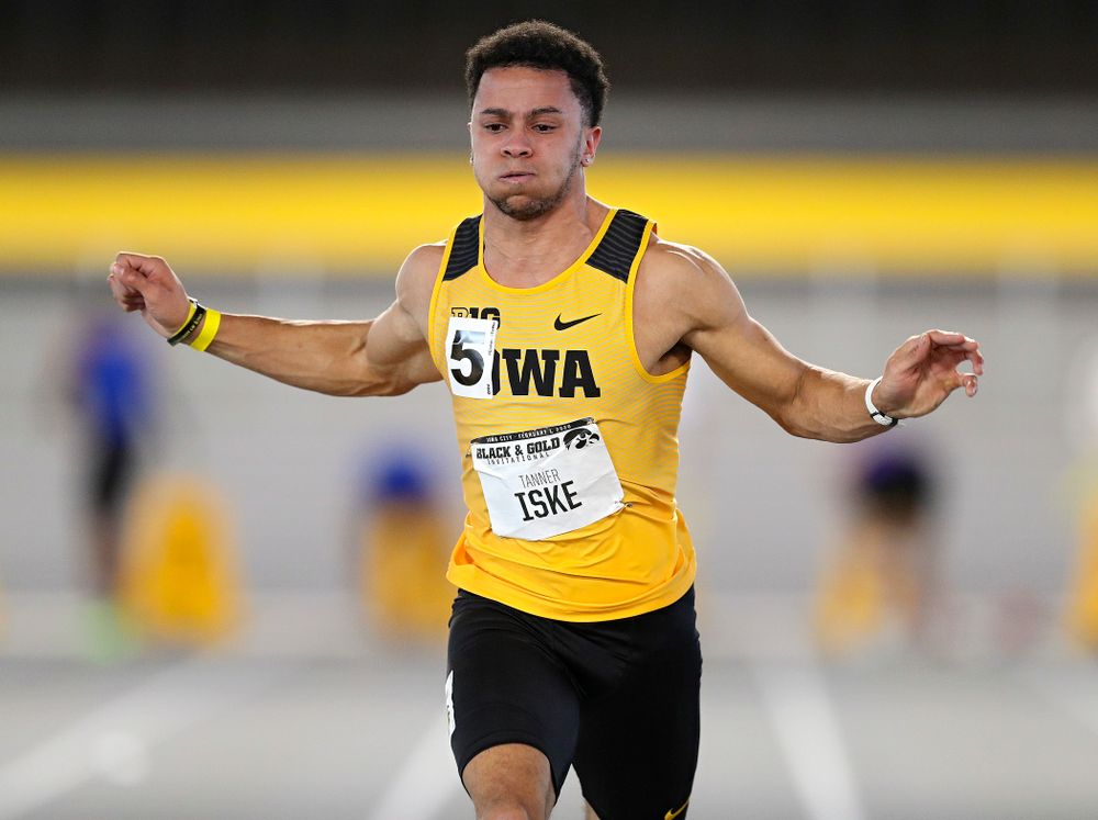 Iowa’s Tanner Iske runs the men’s 60 meter dash event at the Black and Gold Invite at the Recreation Building in Iowa City on Saturday, February 1, 2020. (Stephen Mally/hawkeyesports.com)