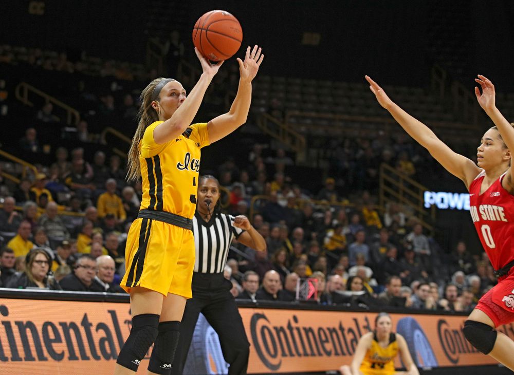 Iowa Hawkeyes guard Makenzie Meyer (3) makes a 3-pointer during the second quarter of their game at Carver-Hawkeye Arena in Iowa City on Thursday, January 23, 2020. (Stephen Mally/hawkeyesports.com)