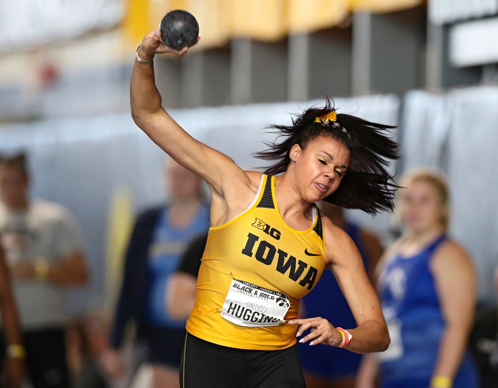 Iowa’s Dallyssa Huggins competes in the women’s shot put event at the Black and Gold Invite at the Recreation Building in Iowa City on Saturday, February 1, 2020. (Stephen Mally/hawkeyesports.com)