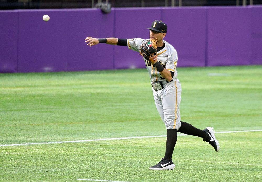Iowa Hawkeyes infielder Matthew Sosa (31) throws to home for an out during the fourth inning of their CambriaCollegeClassic game at U.S. Bank Stadium in Minneapolis, Minn. on Friday, February 28, 2020. (Stephen Mally/hawkeyesports.com)