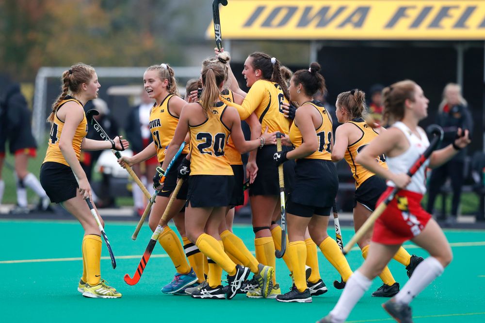The Iowa Hawkeyes celebrate a goal against Maryland Sunday, October 14, 2018 at Grant Field. (Brian Ray/hawkeyesports.com)