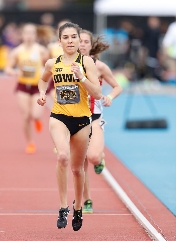 Iowa's Marta Bote Gonzalez runs the 3000 meter steeplechase during the 2018 MUSCO Twilight Invitational  Thursday, April 12, 2018 at the Cretzmeyer Track. (Brian Ray/hawkeyesports.com)