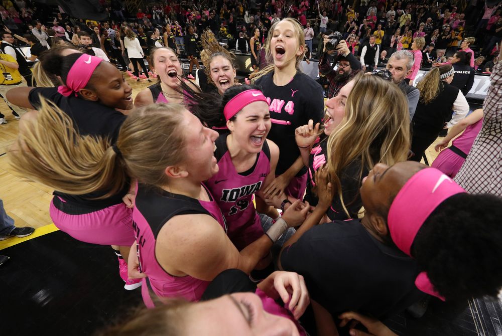 The Iowa Hawkeyes celebrate their victory over the seventh ranked Maryland Terrapins Sunday, February 17, 2019 at Carver-Hawkeye Arena. (Brian Ray/hawkeyesports.com)