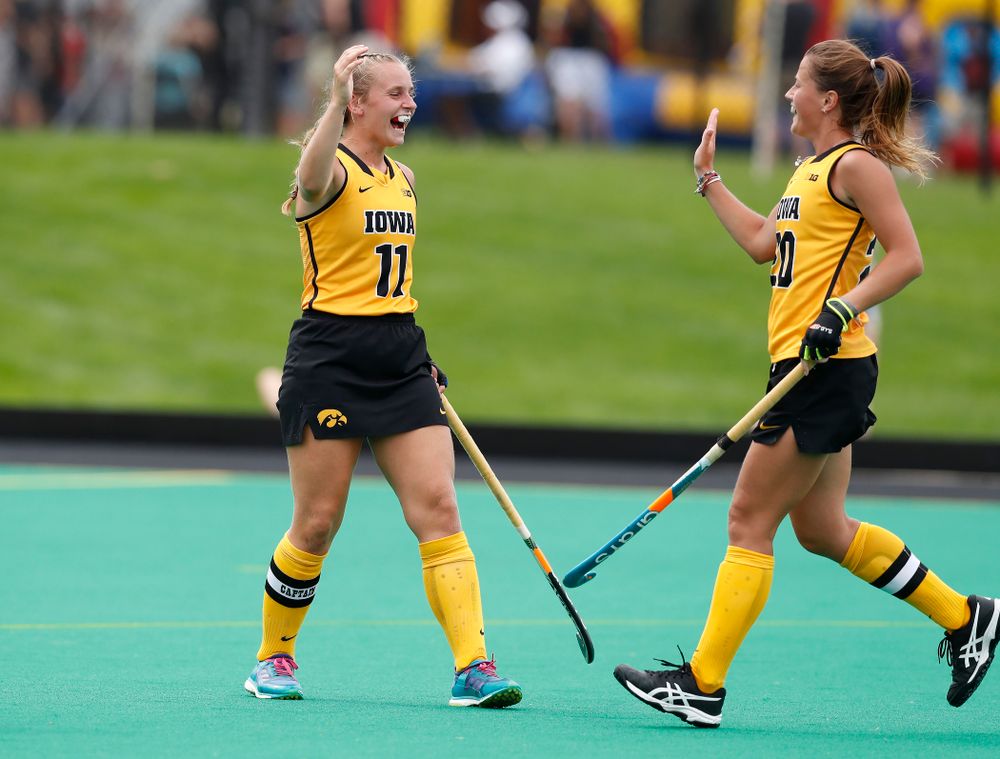 Iowa Hawkeyes Katie Birch (11) and Sophie Sunderland (20) against Ball State Sunday, September 2, 2018 at Grant Field. (Brian Ray/hawkeyesports.com)