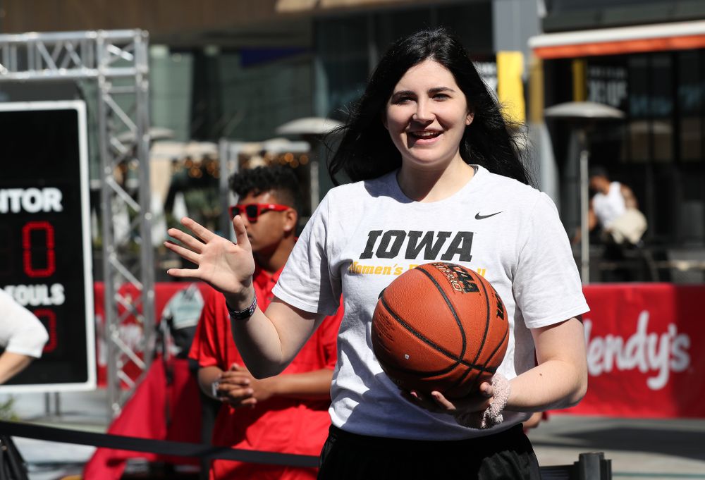 Iowa Hawkeyes forward Megan Gustafson (10) during a Special Olympics event Friday, April 12, 2019 as part of the ESPN College Basketball Awards in the XBOX Plaza at LA Live.  (Brian Ray/hawkeyesports.com)