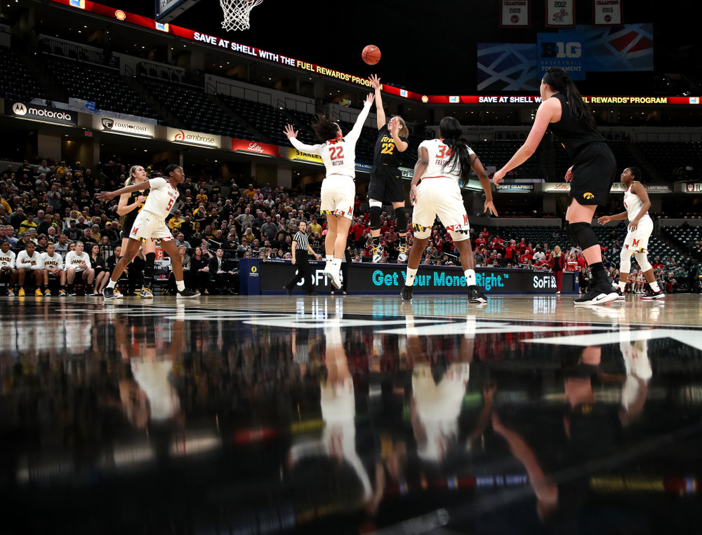 Iowa Hawkeyes guard Kathleen Doyle (22) against the Maryland Terrapins in the Big Ten Championship Game Sunday, March 10, 2019 in Indianapolis, Ind. (Brian Ray/hawkeyesports.com)