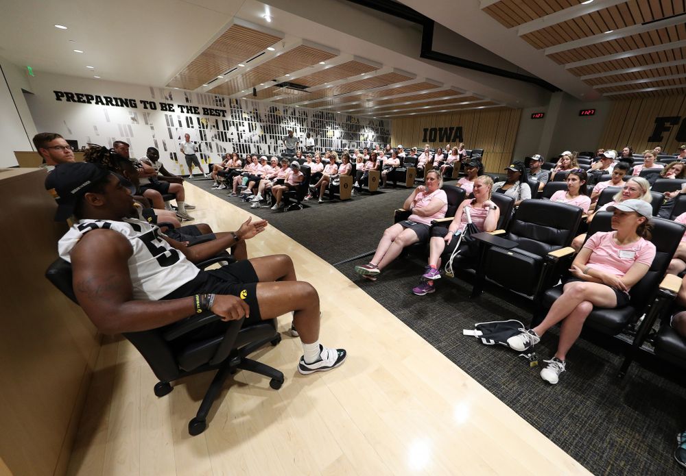 Iowa Hawkeyes defensive end Chauncey Golston (57) answers a question during a player panel at the 2019 Iowa Ladies Football Academy Saturday, June 8, 2019 at the Hansen Football Performance Center. (Brian Ray/hawkeyesports.com)