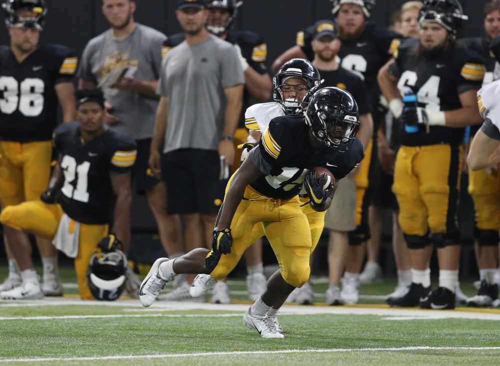 Iowa Hawkeyes running back Tyler Goodson (15) during Fall Camp Practice No. 6 Thursday, August 8, 2019 at the Ronald D. and Margaret L. Kenyon Football Practice Facility. (Brian Ray/hawkeyesports.com)