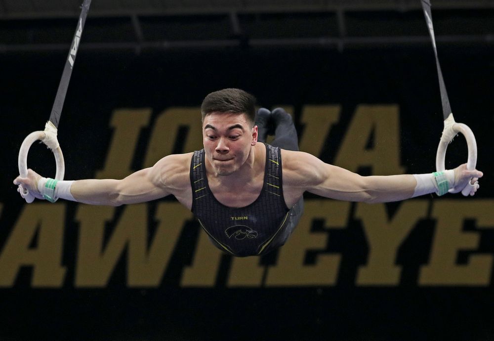 Iowa's Brandon Wong competes in the rings during the first day of the Big Ten Men's Gymnastics Championships at Carver-Hawkeye Arena in Iowa City on Friday, Apr. 5, 2019. (Stephen Mally/hawkeyesports.com)
