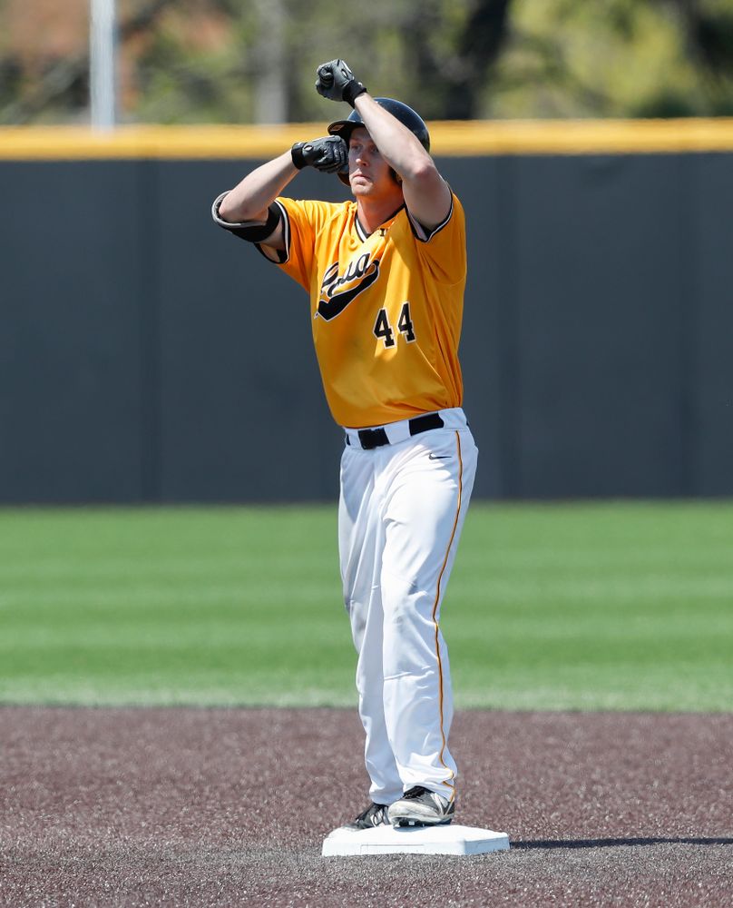 Iowa Hawkeyes outfielder Robert Neustrom (44) doubles against the Oklahoma State Cowboys Sunday, May 6, 2018 at Duane Banks Field. (Brian Ray/hawkeyesports.com)