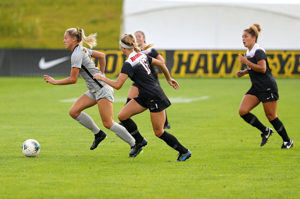 Iowa midfielder Hailey Rydberg (2) moves with the ball during the first half of their match at the Iowa Soccer Complex in Iowa City on Sunday, Sep 1, 2019. (Stephen Mally/hawkeyesports.com)