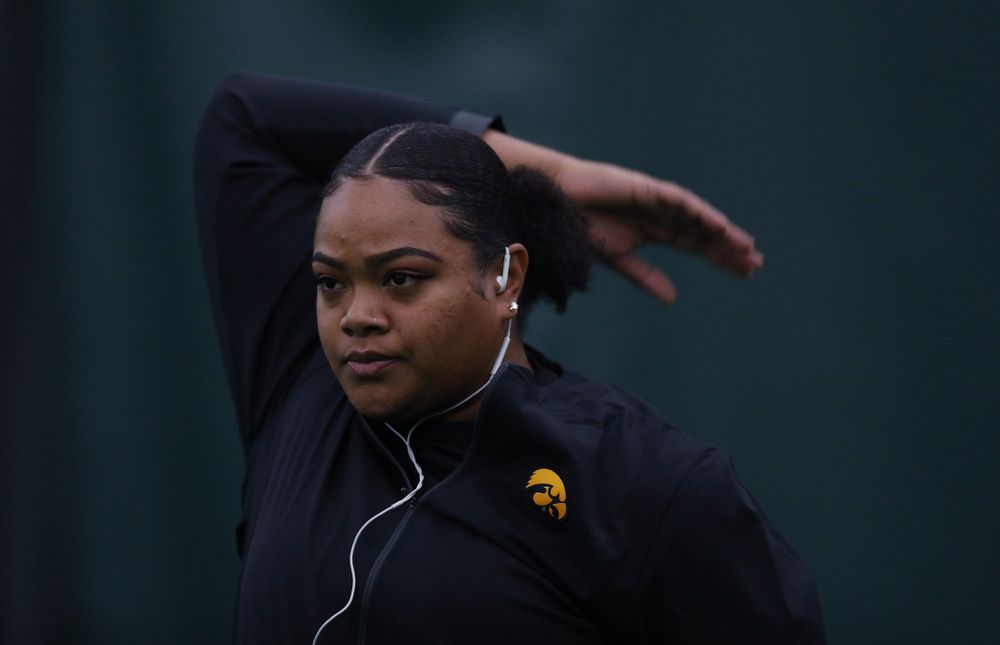 Iowa's Laulauga Tausaga prepares to compete in the weight throw Friday, January 11, 2019 at the Hawkeye Tennis and Recreation Center. (Brian Ray/hawkeyesports.com)