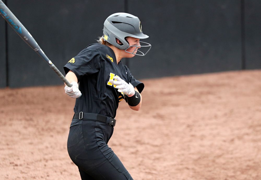 Iowa’s Kit Rocco (17) drives in a run with a hit during the sixth inning of their game against Iowa Softball vs Indian Hills Community College at Pearl Field in Iowa City on Sunday, Oct 6, 2019. (Stephen Mally/hawkeyesports.com)
