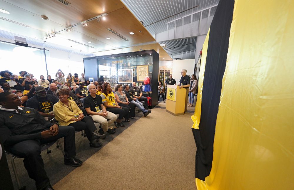 Andy Piro, assistant athletics director and executive director of the Varsity Club, speaks as the 2019 University of Iowa Athletics Hall of Fame exhibit is unveiled at the University of Iowa Athletics Hall of Fame in Iowa City on Friday, Aug 30, 2019. (Stephen Mally/hawkeyesports.com)