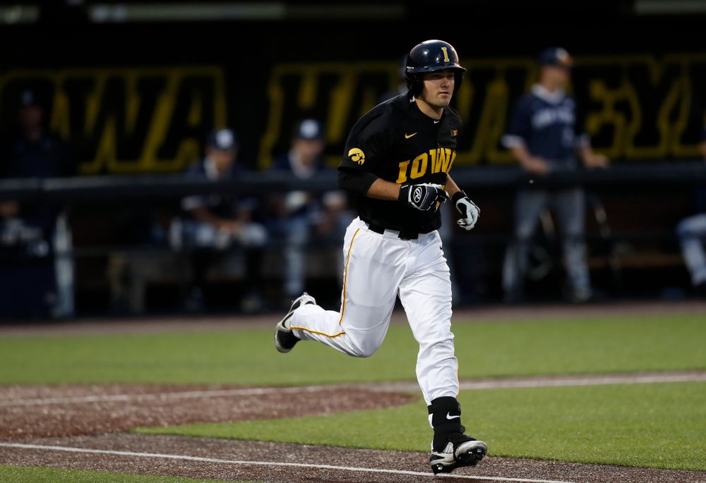 Iowa Hawkeyes infielder Kyle Crowl (23) draws a walk against the Penn State Nittany Lions Friday, May 18, 2018 at Duane Banks Field. (Brian Ray/hawkeyesports.com)