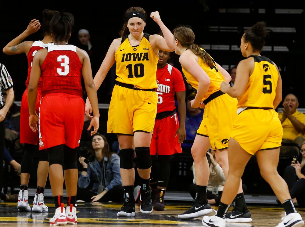 Iowa Hawkeyes forward Megan Gustafson (10) reacts after a made basket during a game against the Ohio State Buckeyes at Carver-Hawkeye Arena on January 25, 2018. (Tork Mason/hawkeyesports.com)