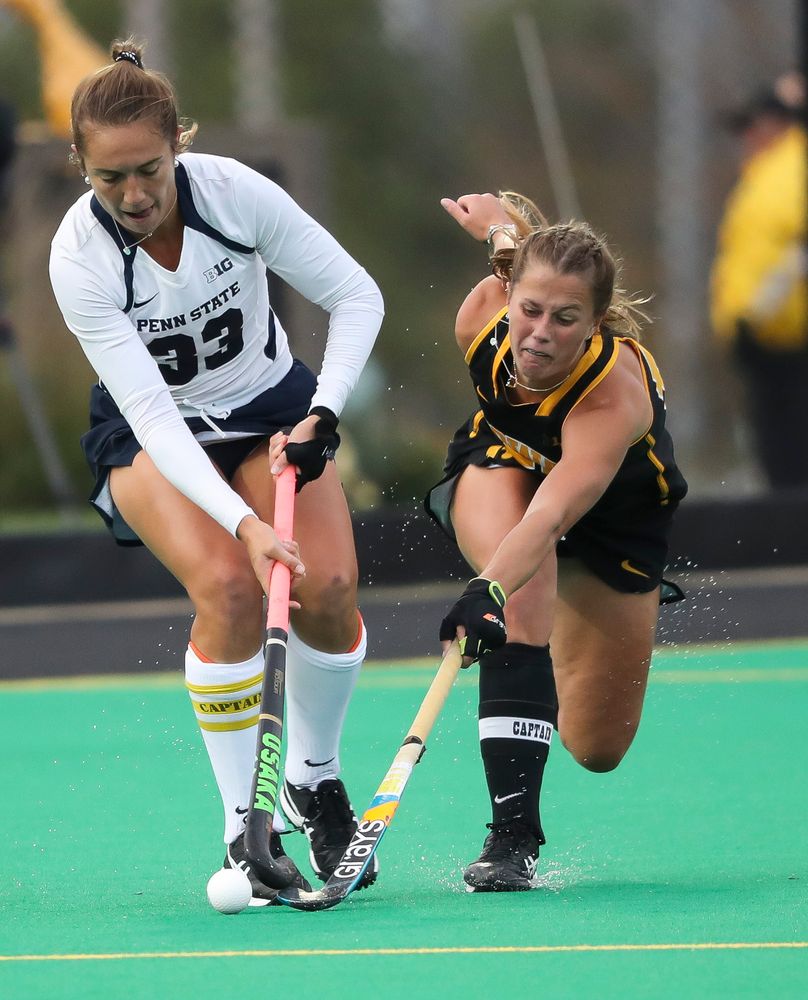 Iowa Hawkeyes midfielder Sophie Sunderland (20) defends during a game against No. 6 Penn State at Grant Field on October 12, 2018. (Tork Mason/hawkeyesports.com)