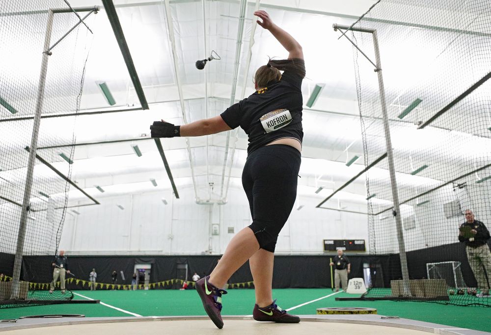 Iowa’s Jamie Kofron throws in the women’s weight throw event during the Larry Wieczorek Invitational at the Hawkeye Tennis and Recreation Complex in Iowa City on Friday, January 17, 2020. (Stephen Mally/hawkeyesports.com)