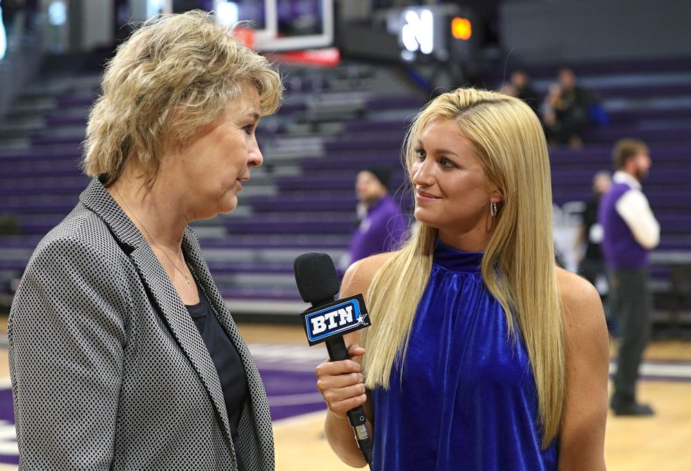 Iowa Hawkeyes head coach Lisa Bluder is interviewed after winning their game at Welsh-Ryan Arena in Evanston, Ill. on Sunday, January 5, 2020. (Stephen Mally/hawkeyesports.com)