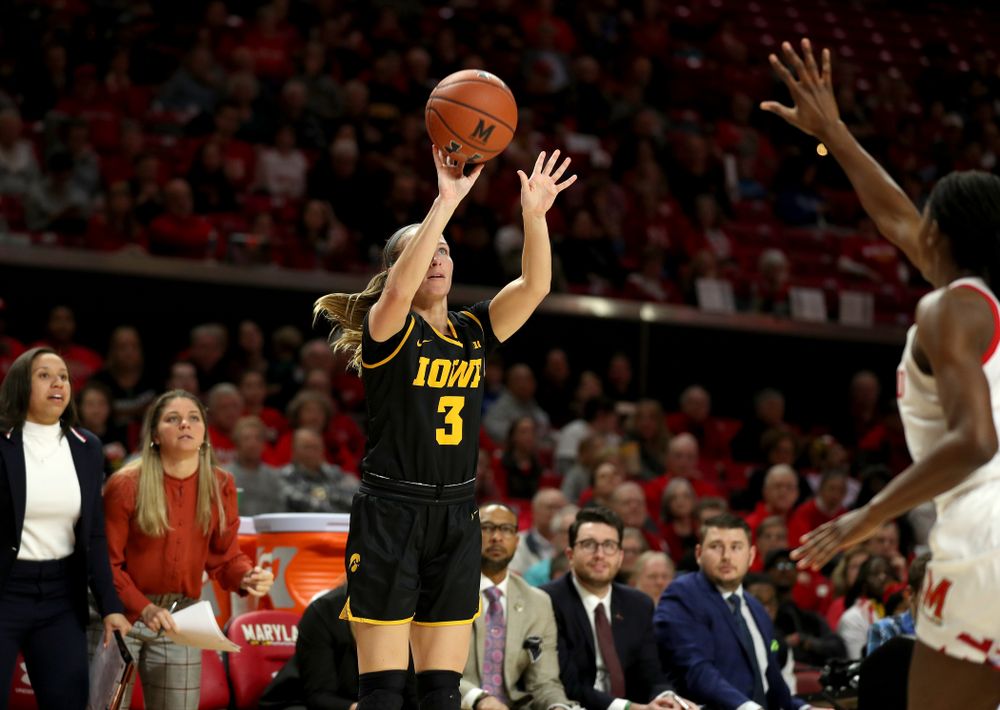 Iowa Hawkeyes guard Makenzie Meyer (3) against the Maryland Terrapins Thursday, February 13, 2020 at the Xfinity Center in College Park, MD. (Brian Ray/hawkeyesports.com)