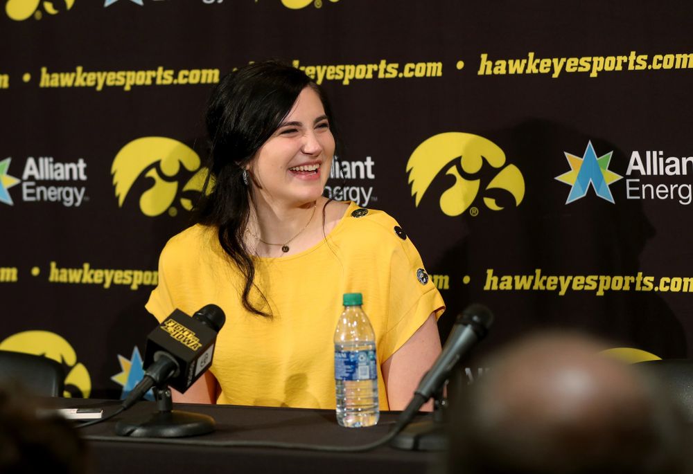 Megan Gustafson talks with reporters following a jersey retirement ceremony Sunday, January 26, 2020 at Carver-Hawkeye Arena. (Brian Ray/hawkeyesports.com)