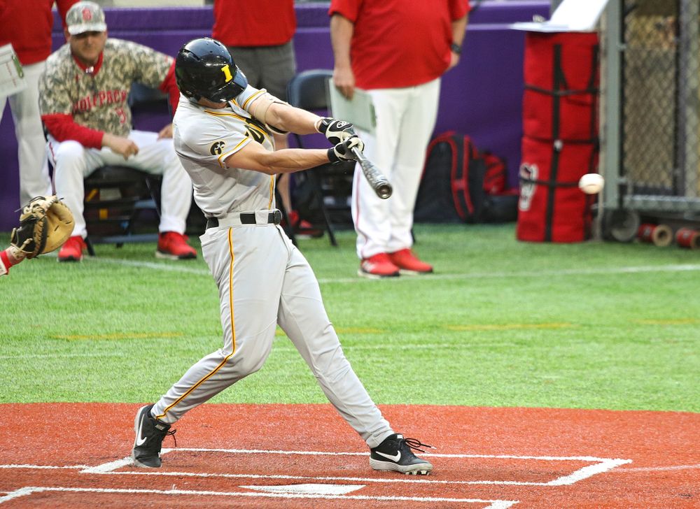Iowa Hawkeyes infielder Dylan Nedved (17) bats during the ninth inning of their CambriaCollegeClassic game at U.S. Bank Stadium in Minneapolis, Minn. on Friday, February 28, 2020. (Stephen Mally/hawkeyesports.com)