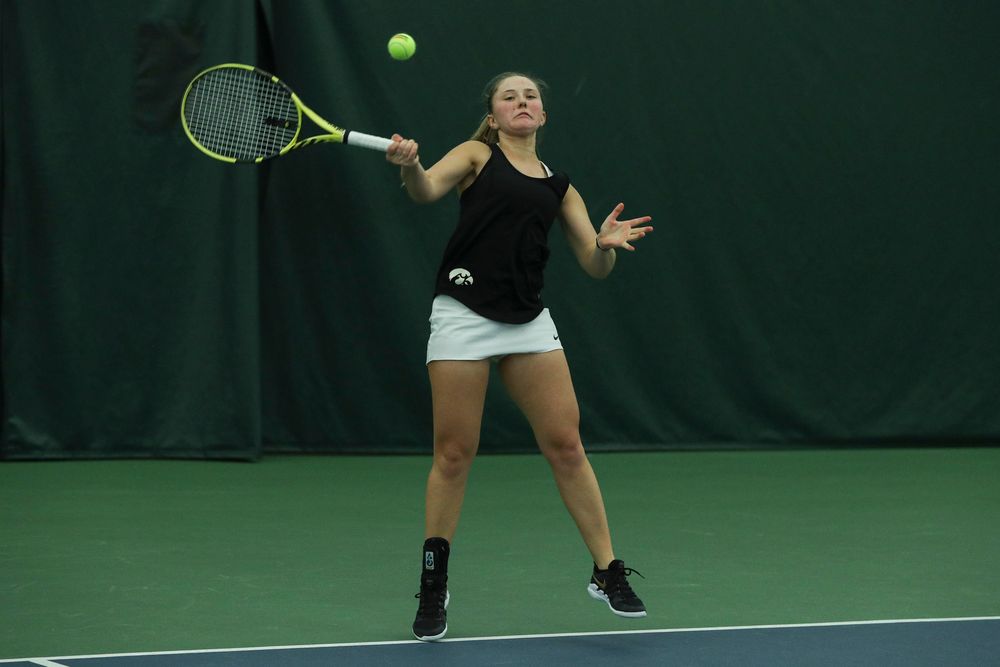 Iowa’s Danielle Burich returns a hit during the Iowa women’s tennis meet vs DePaul  on Friday, February 21, 2020 at the Hawkeye Tennis and Recreation Complex. (Lily Smith/hawkeyesports.com)