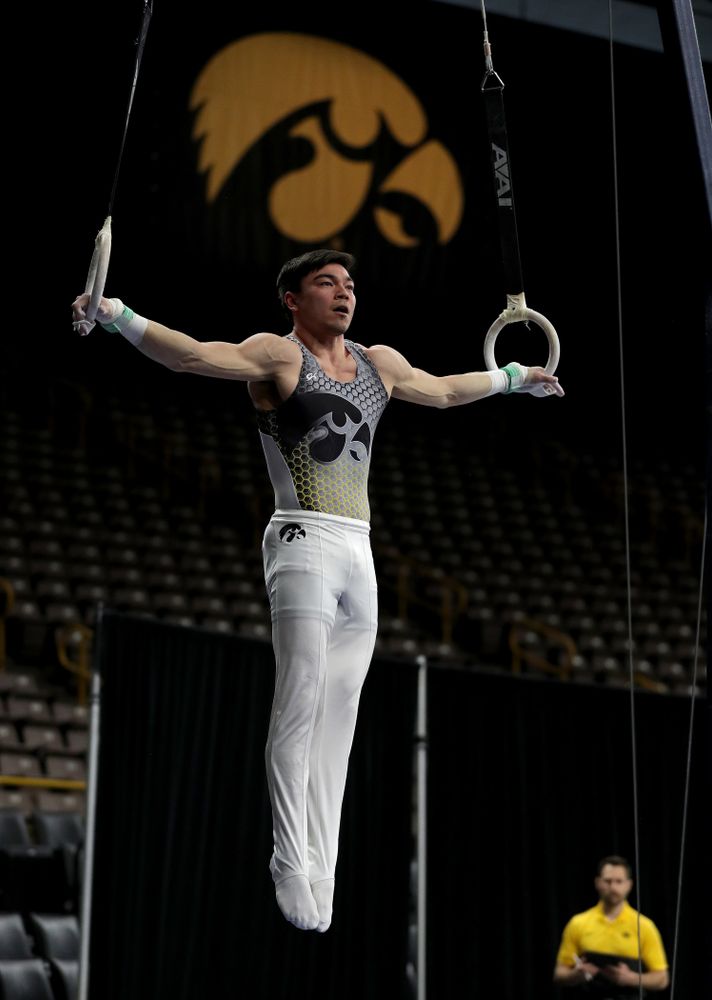 Iowa’s Brandon Wong competes on the rings against Illinois Sunday, March 1, 2020 at Carver-Hawkeye Arena. (Brian Ray/hawkeyesports.com)
