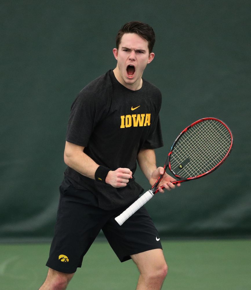 Jonas Larsen against the Miami Hurricanes Friday, February 8, 2019 at the Hawkeye Tennis and Recreation Complex. (Brian Ray/hawkeyesports.com)