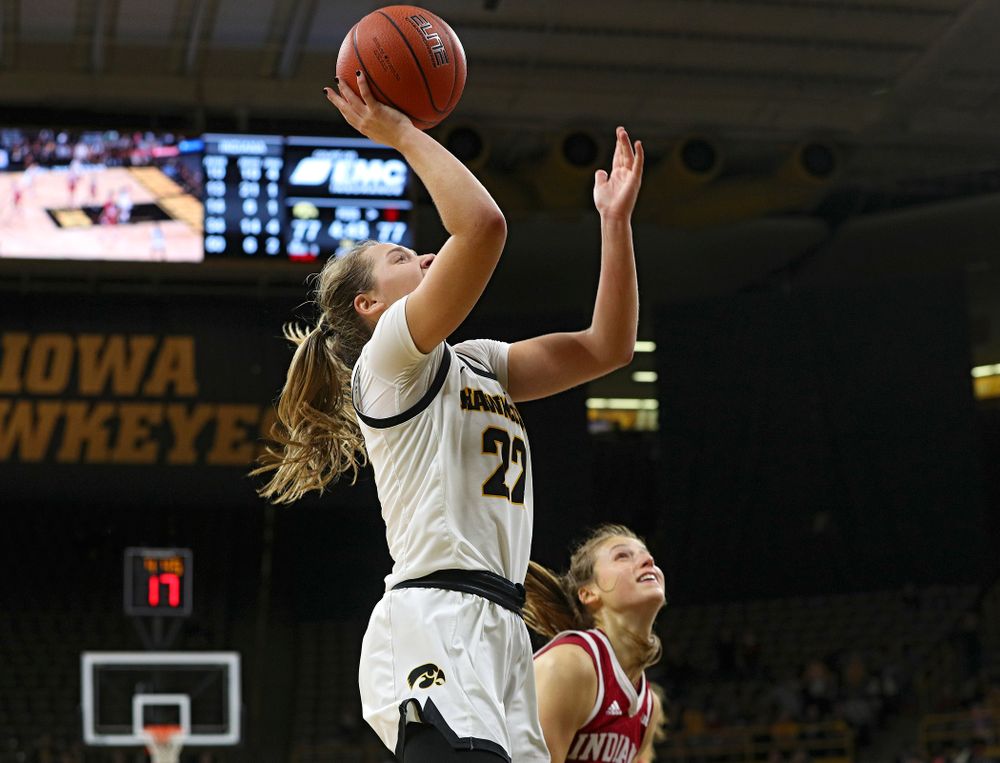 Iowa Hawkeyes guard Kathleen Doyle (22) scores a basket during the second overtime period of their game at Carver-Hawkeye Arena in Iowa City on Sunday, January 12, 2020. (Stephen Mally/hawkeyesports.com)