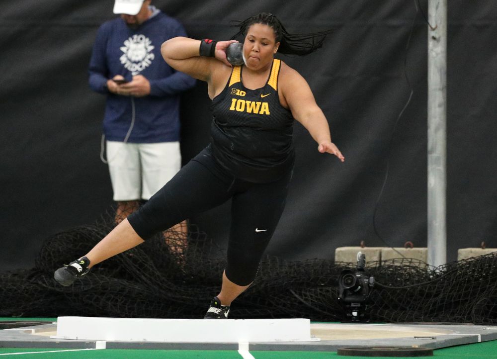 Iowa’s Ianna Roach throws in the women’s shot put event during the Larry Wieczorek Invitational at the Hawkeye Tennis and Recreation Complex in Iowa City on Friday, January 17, 2020. (Stephen Mally/hawkeyesports.com)