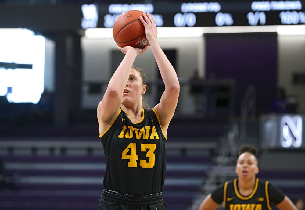 Iowa Hawkeyes forward Amanda Ollinger (43) makes a free throw during the first quarter of their game at Welsh-Ryan Arena in Evanston, Ill. on Sunday, January 5, 2020. (Stephen Mally/hawkeyesports.com)