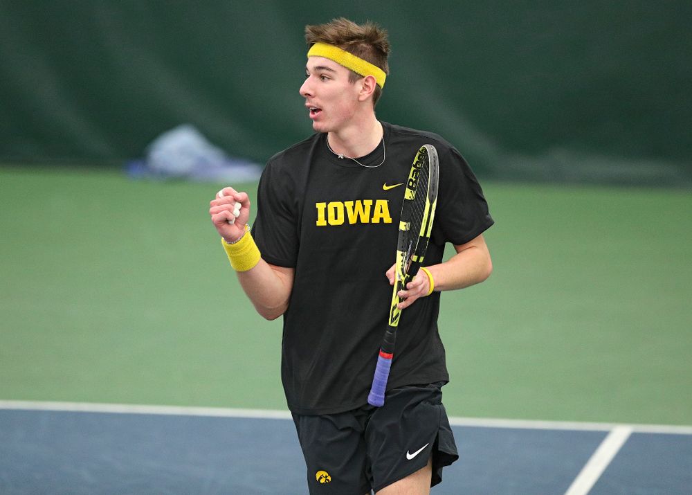 Iowa’s Nikita Snezhko celebrates a point during their doubles match against Marquette at the Hawkeye Tennis and Recreation Complex in Iowa City on Saturday, January 25, 2020. (Stephen Mally/hawkeyesports.com)