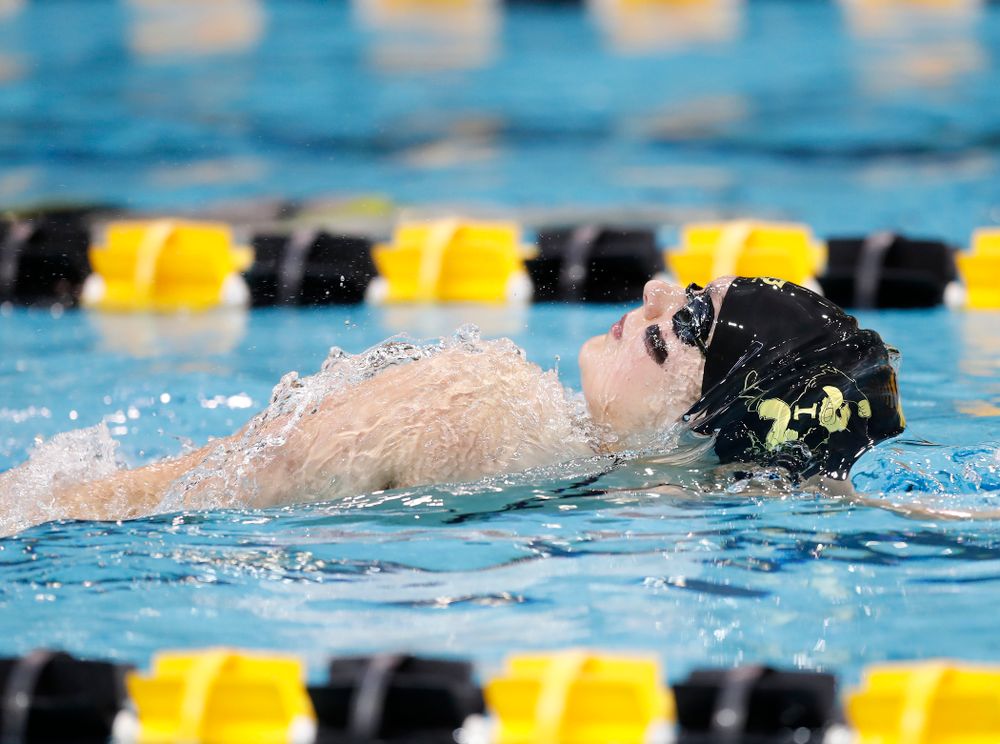 Hannah Burvill swims the backstroke leg of the 200 yard medley relay during the Black and Gold Intrasquad Saturday, September 29, 2018 at the Campus Recreation and Wellness Center. (Brian Ray/hawkeyesports.com)
