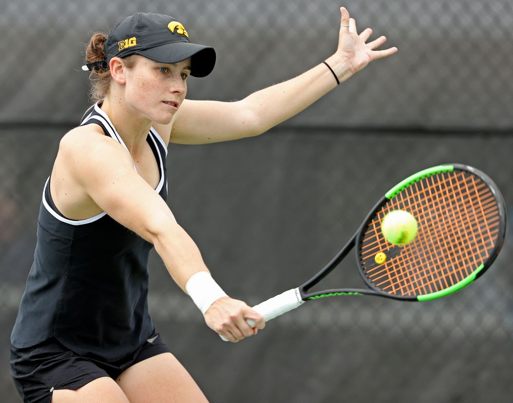 Iowa's Elise van Heuvelen Treadwell during a match against Rutgers at the Hawkeye Tennis and Recreation Complex in Iowa City on Friday, Apr. 5, 2019. (Stephen Mally/hawkeyesports.com)