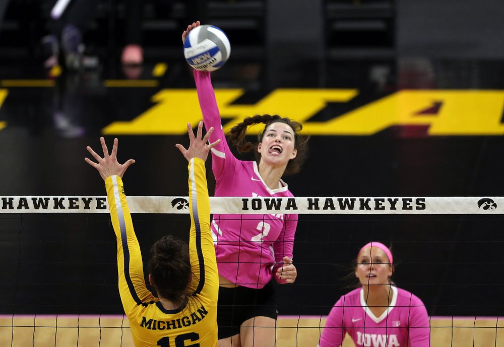 Iowa Hawkeyes setter Courtney Buzzerio (2) against the Michigan Wolverines Friday, October 11, 2019 at Carver-Hawkeye Arena.(Brian Ray/hawkeyesports.com)