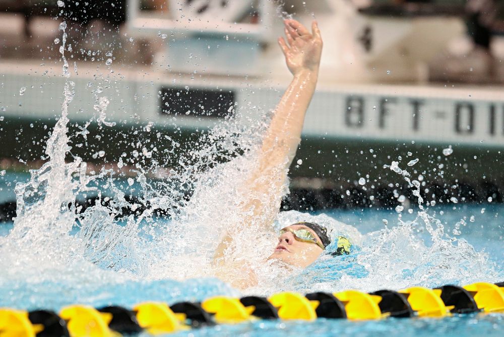 Iowa’s Ryan Purdy swims the backstroke section in the men’s 400 yard medley relay event during their meet at the Campus Recreation and Wellness Center in Iowa City on Friday, February 7, 2020. (Stephen Mally/hawkeyesports.com)