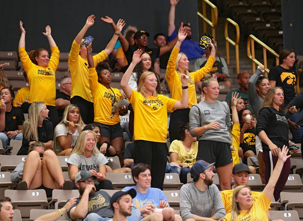Iowa softball teammates cheer during the third set of their Big Ten/Pac-12 Challenge match against Colorado at Carver-Hawkeye Arena in Iowa City on Friday, Sep 6, 2019. (Stephen Mally/hawkeyesports.com)