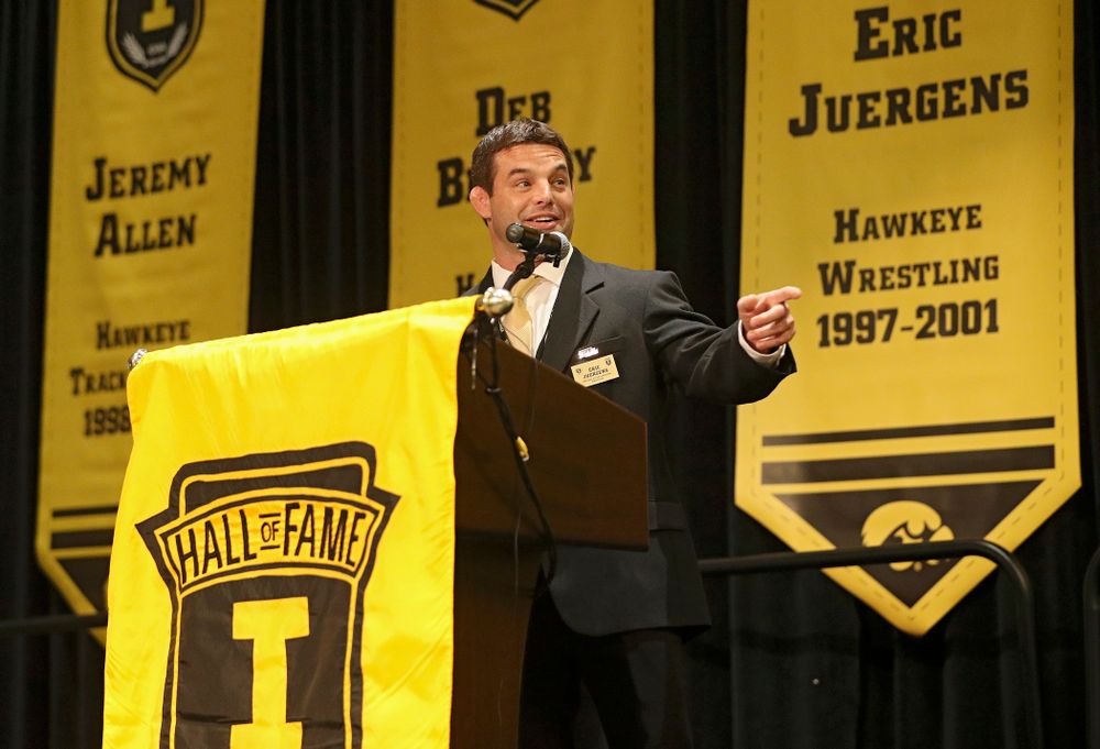 2019 University of Iowa Athletics Hall of Fame inductee Eric Juergens speaks during the Hall of Fame Induction Ceremony at the Coralville Marriott Hotel and Conference Center in Coralville on Friday, Aug 30, 2019. (Stephen Mally/hawkeyesports.com)