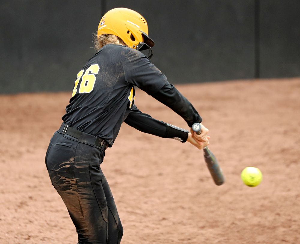 Iowa infielder Mia Ruther (26) bats during the sixth inning of their game against Iowa Softball vs Indian Hills Community College at Pearl Field in Iowa City on Sunday, Oct 6, 2019. (Stephen Mally/hawkeyesports.com)