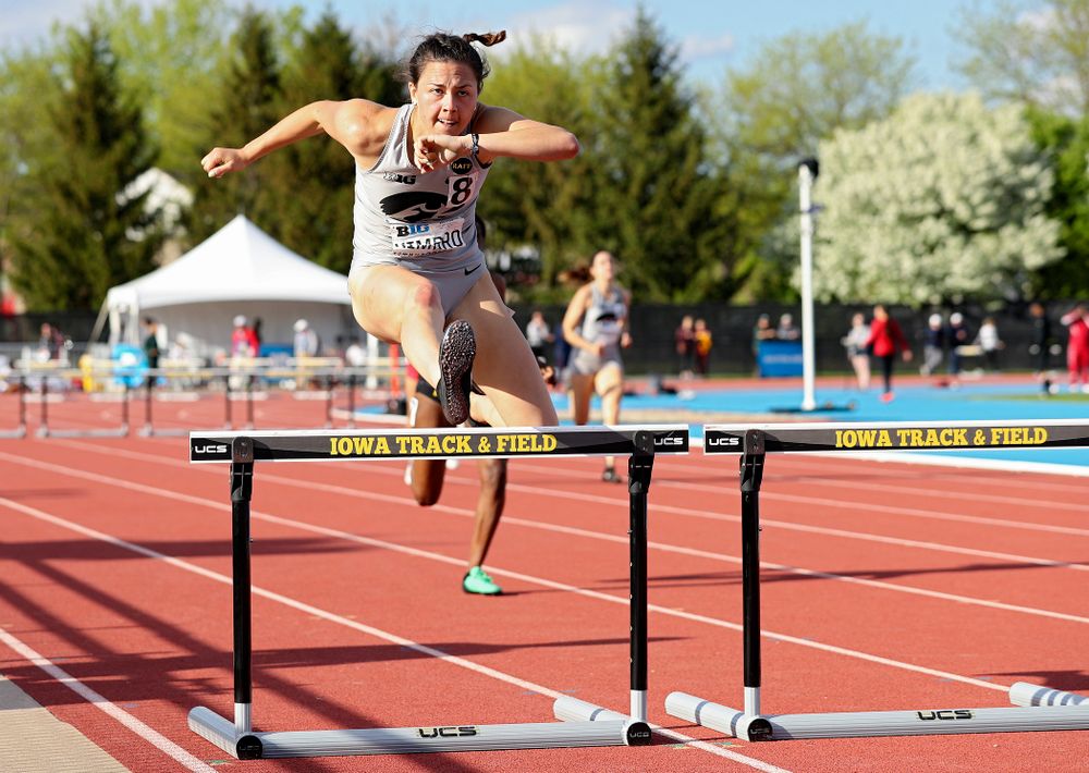 Iowa's Jenny Kimbro runs the women’s 400 meter hurdles event on the first day of the Big Ten Outdoor Track and Field Championships at Francis X. Cretzmeyer Track in Iowa City on Friday, May. 10, 2019. (Stephen Mally/hawkeyesports.com)