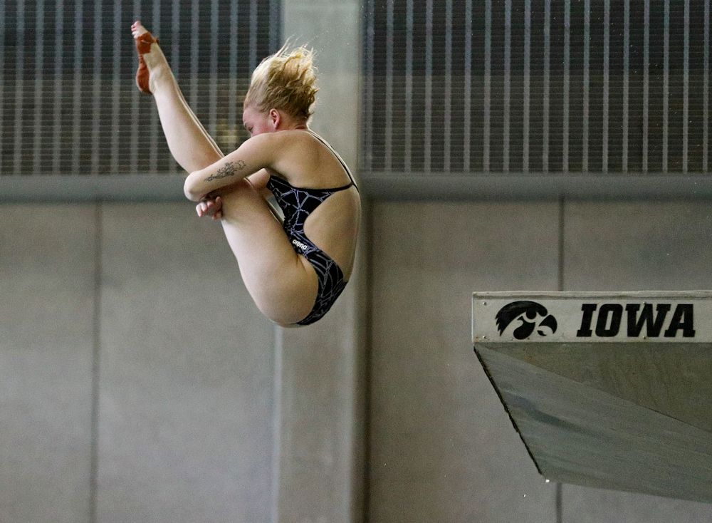 Iowa’s Thelma Strandberg competes in the women’s platform diving preliminary event during the 2020 Women’s Big Ten Swimming and Diving Championships at the Campus Recreation and Wellness Center in Iowa City on Saturday, February 22, 2020. (Stephen Mally/hawkeyesports.com)
