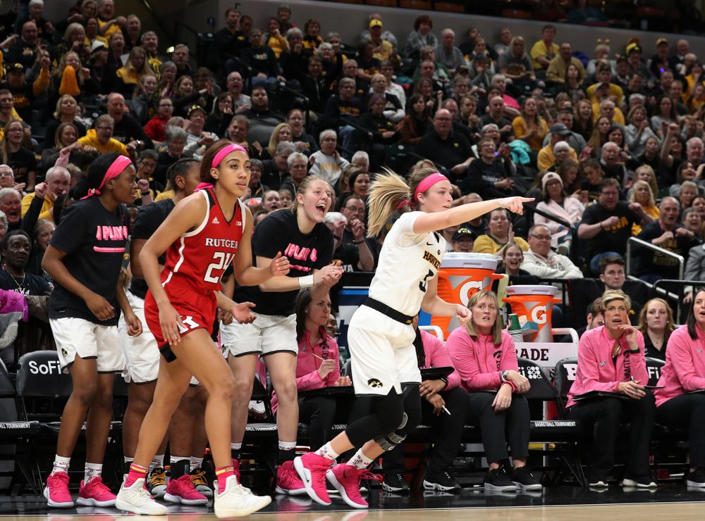 Iowa Hawkeyes guard Makenzie Meyer (3) against the Rutgers Scarlet Knights in the semi-finals of the Big Ten Tournament Saturday, March 9, 2019 at Bankers Life Fieldhouse in Indianapolis, Ind. (Brian Ray/hawkeyesports.com)