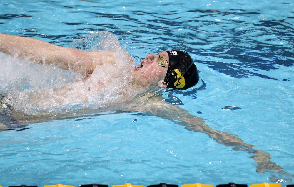 IowaÕs John Colin swims the backstroke leg of the 200 Medley Relay against Notre Dame and Illinois Saturday, January 11, 2020 at the Campus Recreation and Wellness Center.  (Brian Ray/hawkeyesports.com)