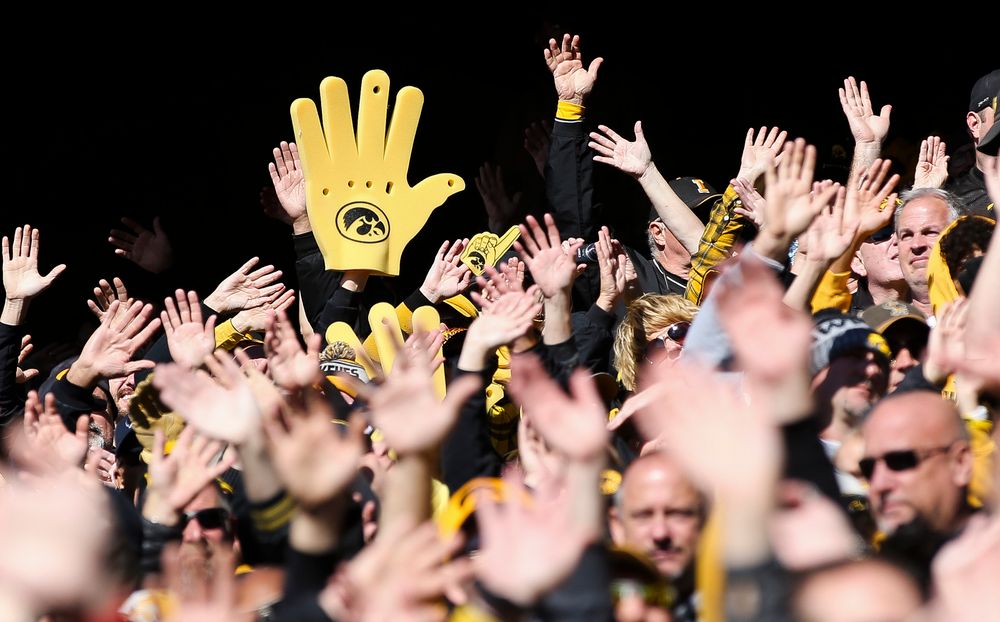 Iowa Hawkeyes fans wave to the Stead Family Childrens Hospital after the first quarter during a game against Maryland at Kinnick Stadium on October 20, 2018. (Tork Mason/hawkeyesports.com)