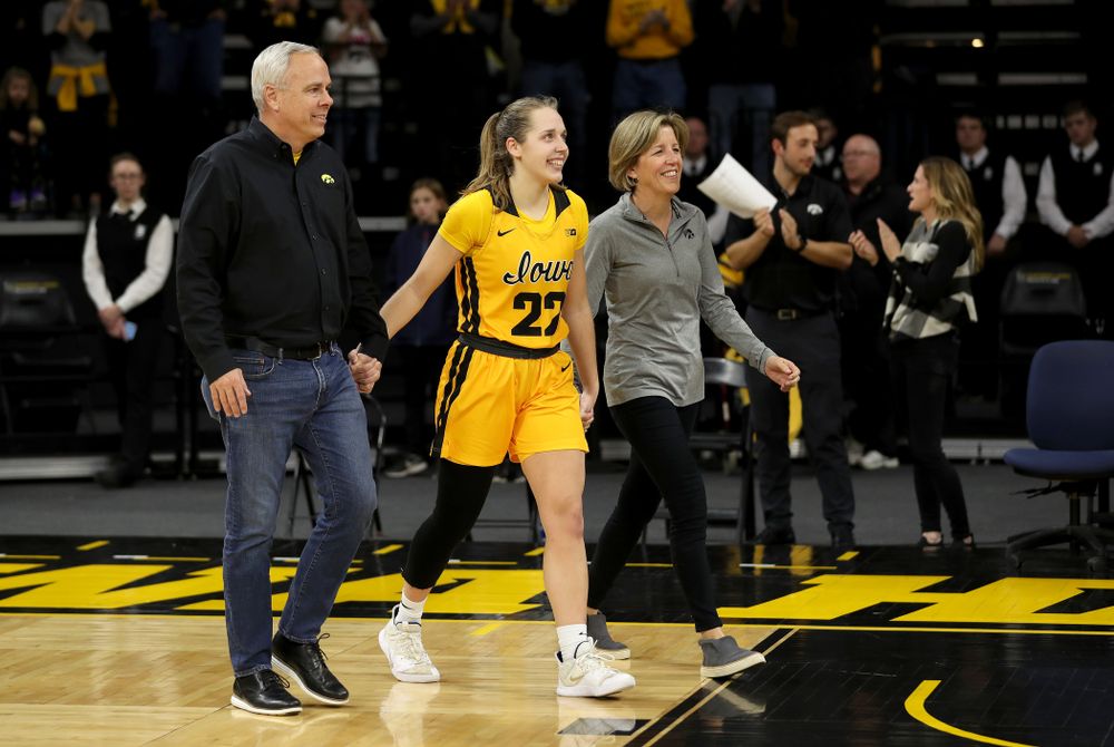 Iowa Hawkeyes guard Kathleen Doyle (22) during senior day activities following their win over the Minnesota Golden Gophers Thursday, February 27, 2020 at Carver-Hawkeye Arena. (Brian Ray/hawkeyesports.com)