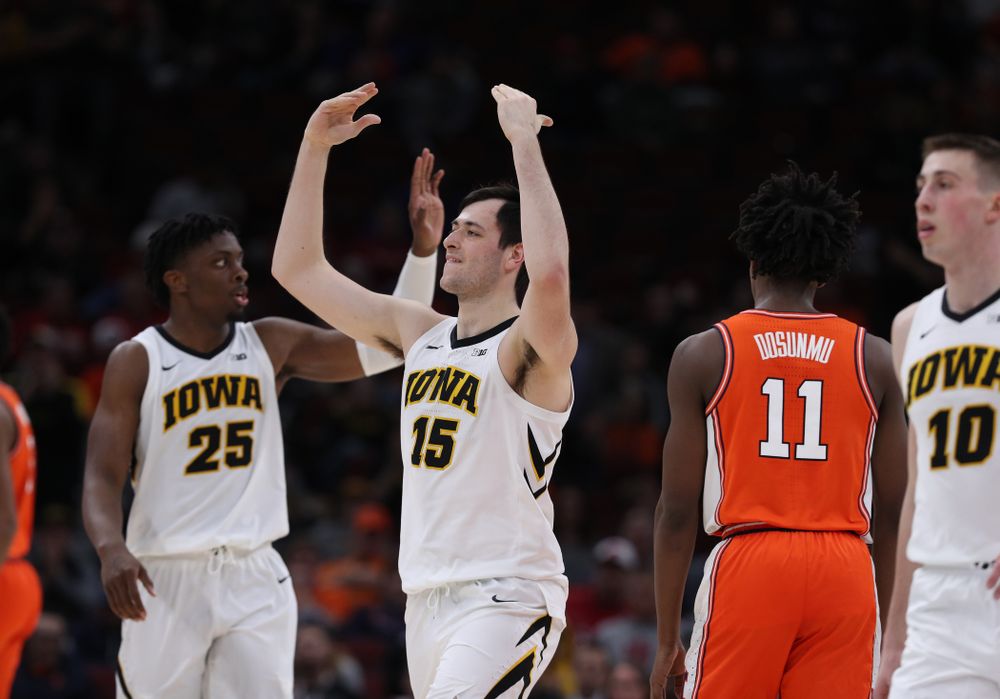 Iowa Hawkeyes forward Ryan Kriener (15) against the Illinois Fighting Illini in the 2019 Big Ten Men's Basketball Tournament Thursday, March 14, 2019 at the United Center in Chicago. (Brian Ray/hawkeyesports.com)